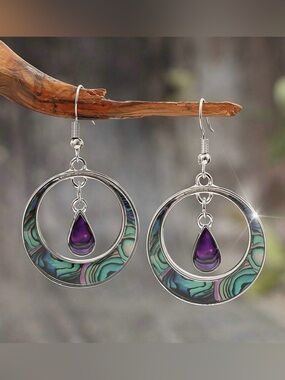 Silver Hoop Earrings with Purple Teardrop and Abalone Inlay A2118